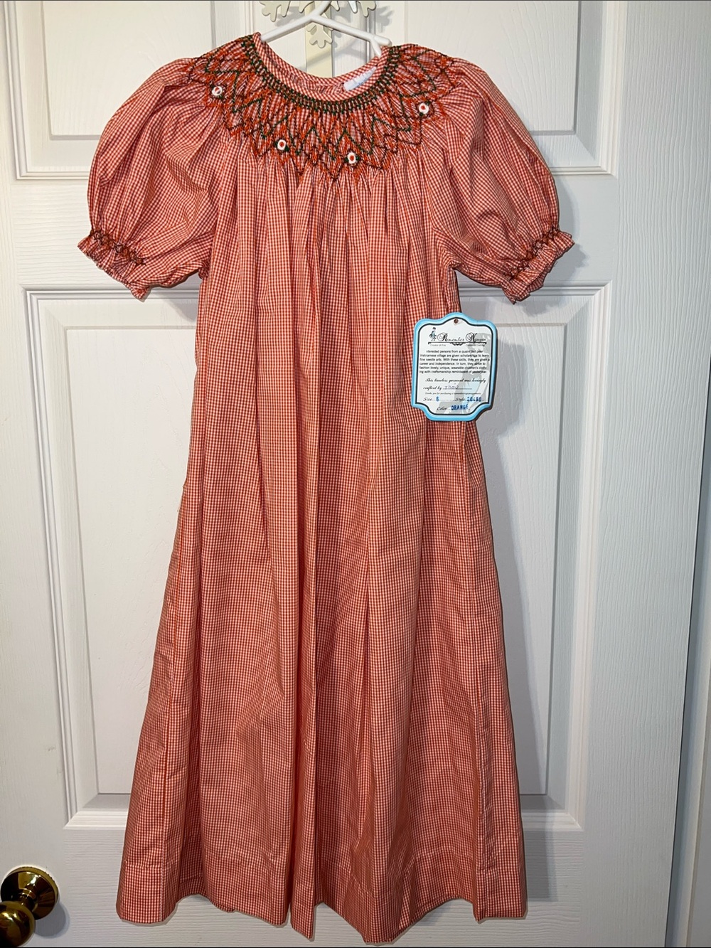 Girls Coral Gingham Smocked Puff-Sleeve Dress
